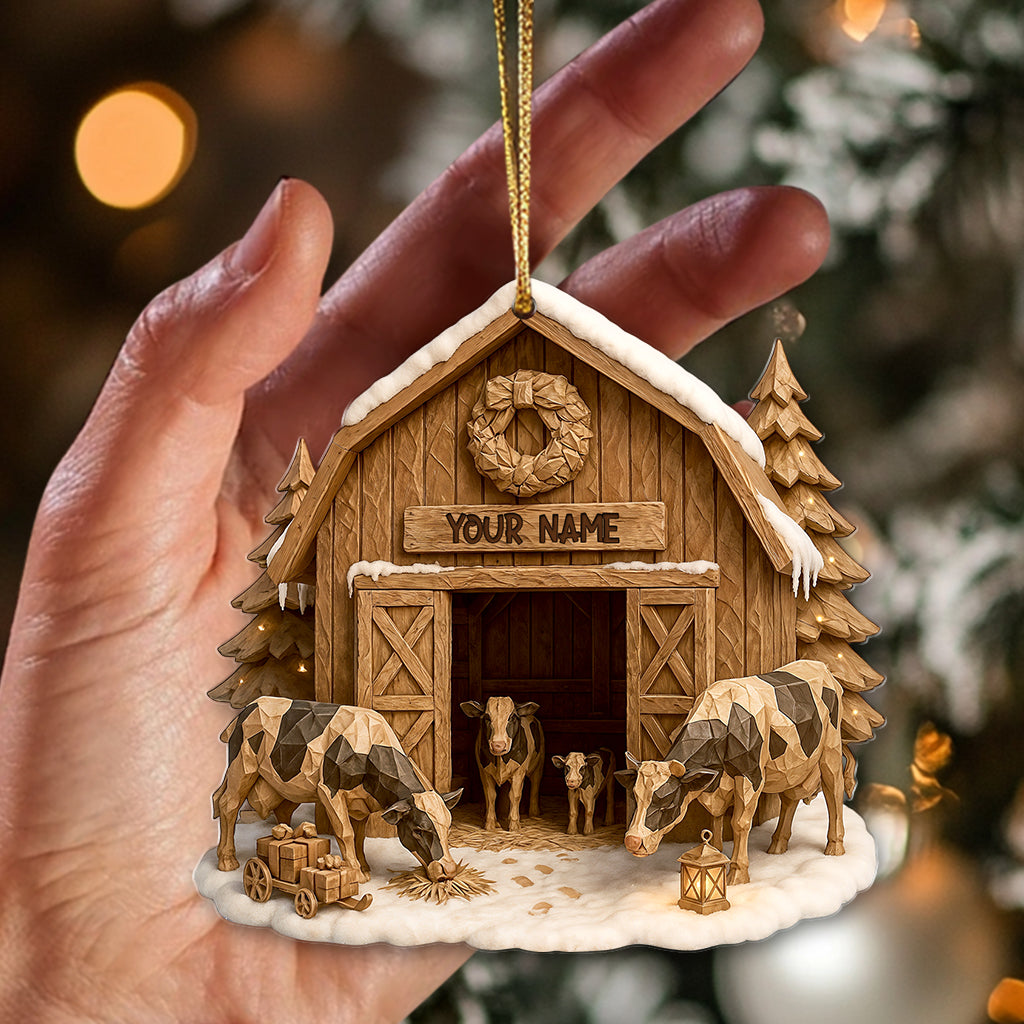 Custom Farmer Barn Ornament, Personalized Cow Stable Christmas Decor, Rustic Farmhouse Xmas Ornament Gift