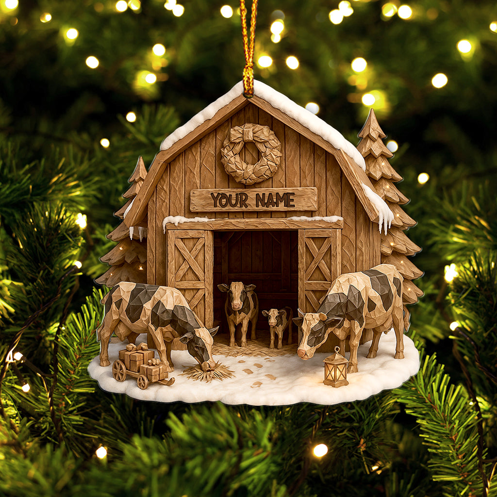 Custom Farmer Barn Ornament, Personalized Cow Stable Christmas Decor, Rustic Farmhouse Xmas Ornament Gift