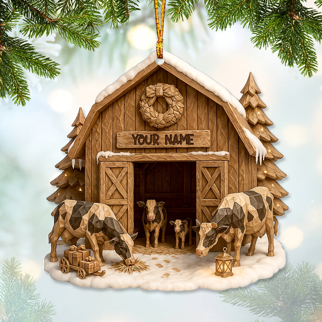 Custom Farmer Barn Ornament, Personalized Cow Stable Christmas Decor, Rustic Farmhouse Xmas Ornament Gift