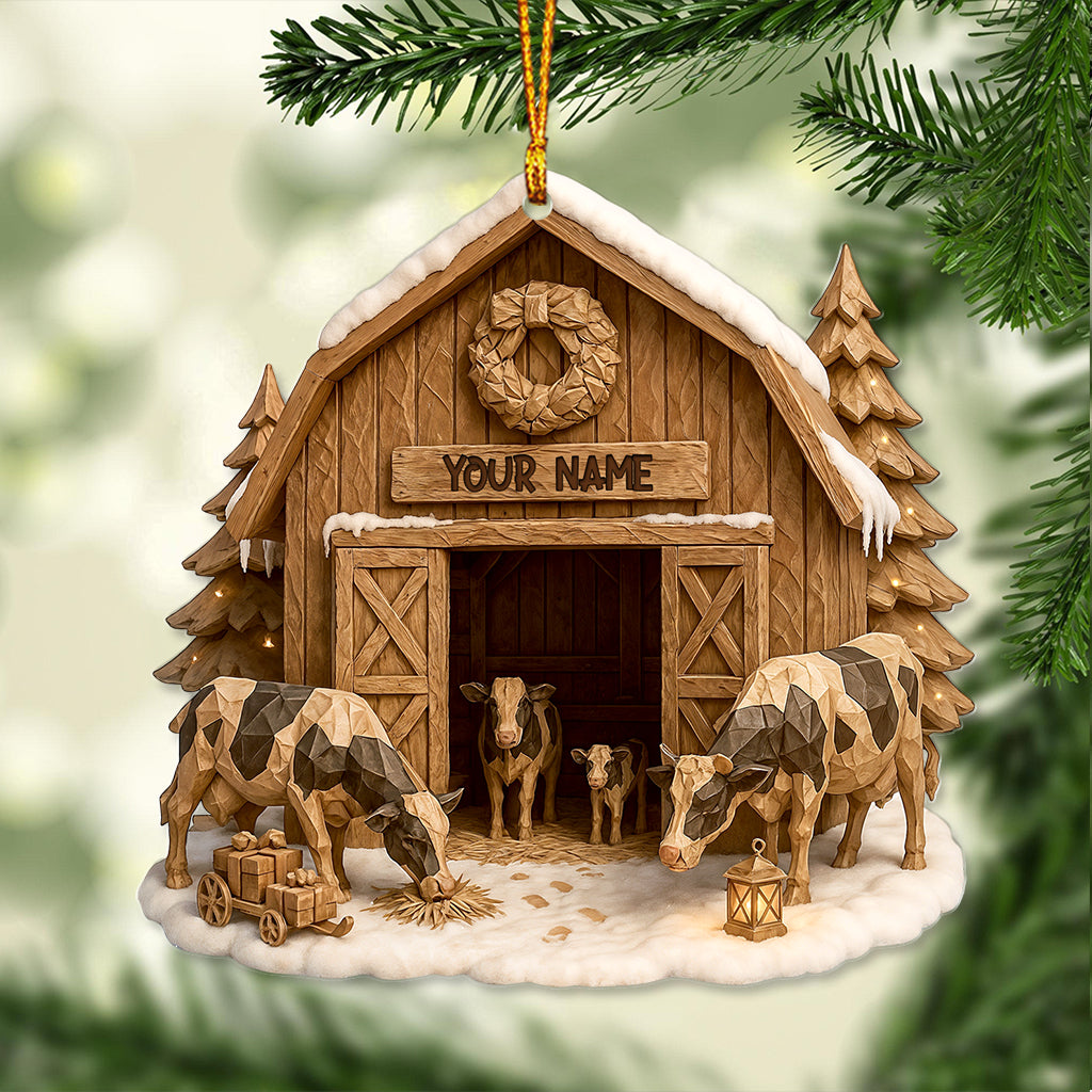 Custom Farmer Barn Ornament, Personalized Cow Stable Christmas Decor, Rustic Farmhouse Xmas Ornament Gift