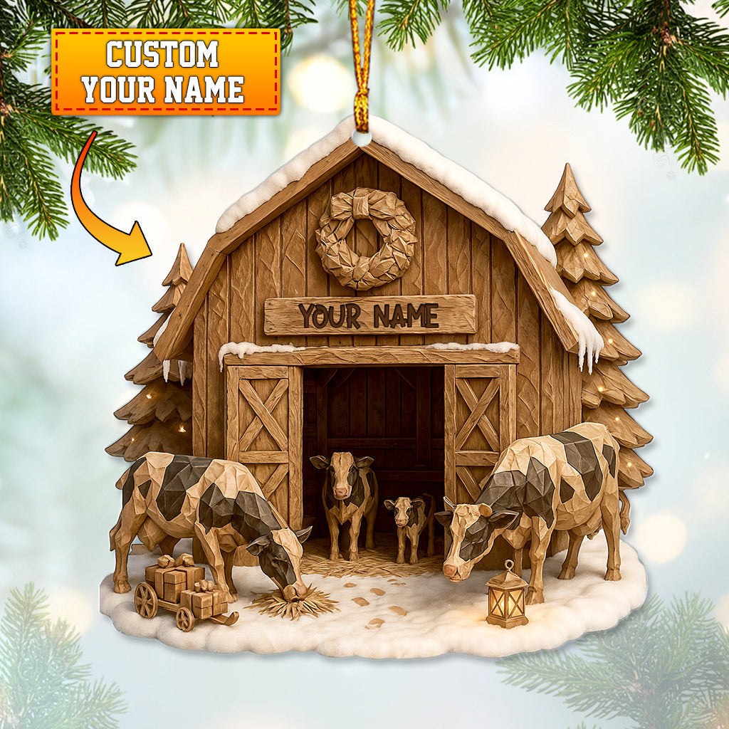 Custom Farmer Barn Ornament, Personalized Cow Stable Christmas Decor, Rustic Farmhouse Xmas Ornament Gift