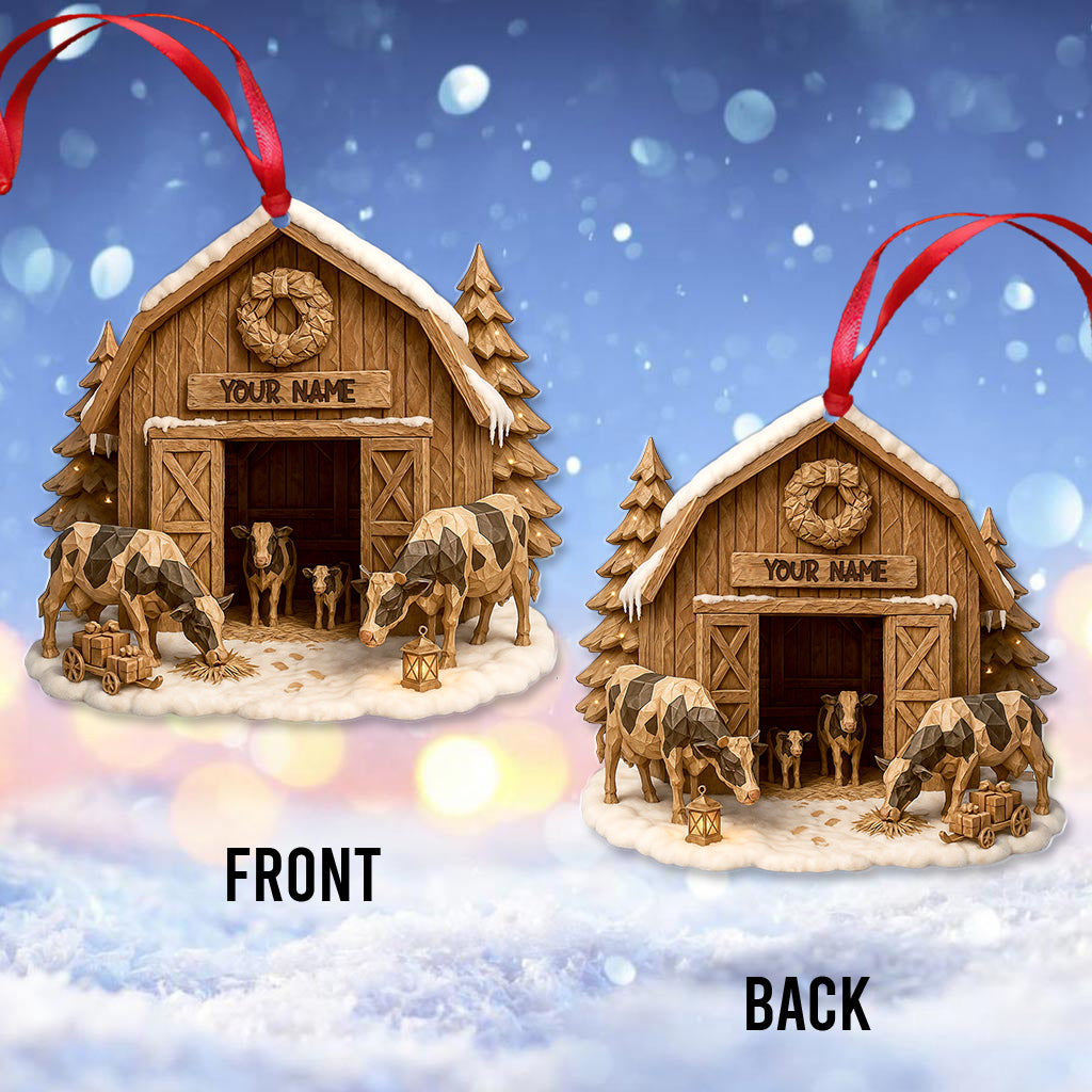 Custom Farmer Barn Ornament, Personalized Cow Stable Christmas Decor, Rustic Farmhouse Xmas Ornament Gift