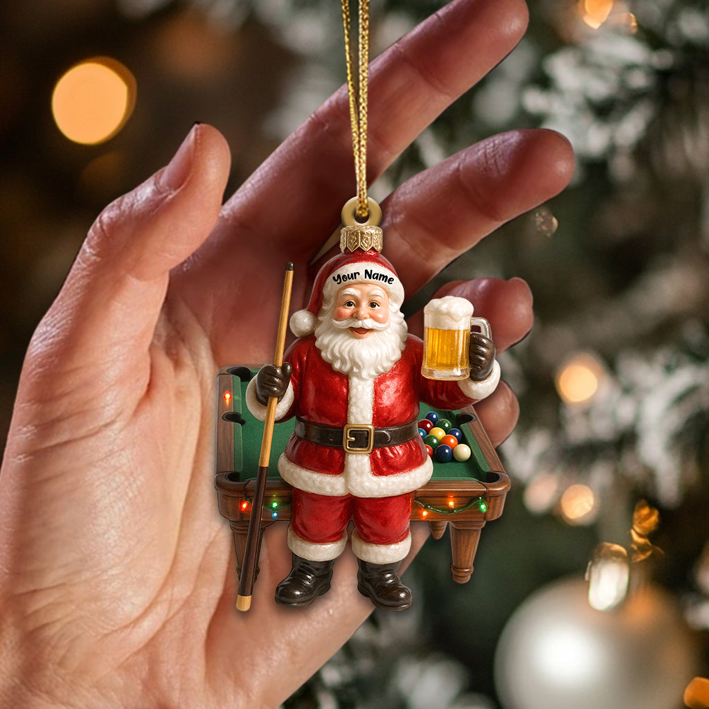 Personalized Santa Billiards Beer Ornament – Custom Name Christmas Ornament, Funny Pool and Beer Xmas Gift for Men, Santa Playing Pool Tree Decoration