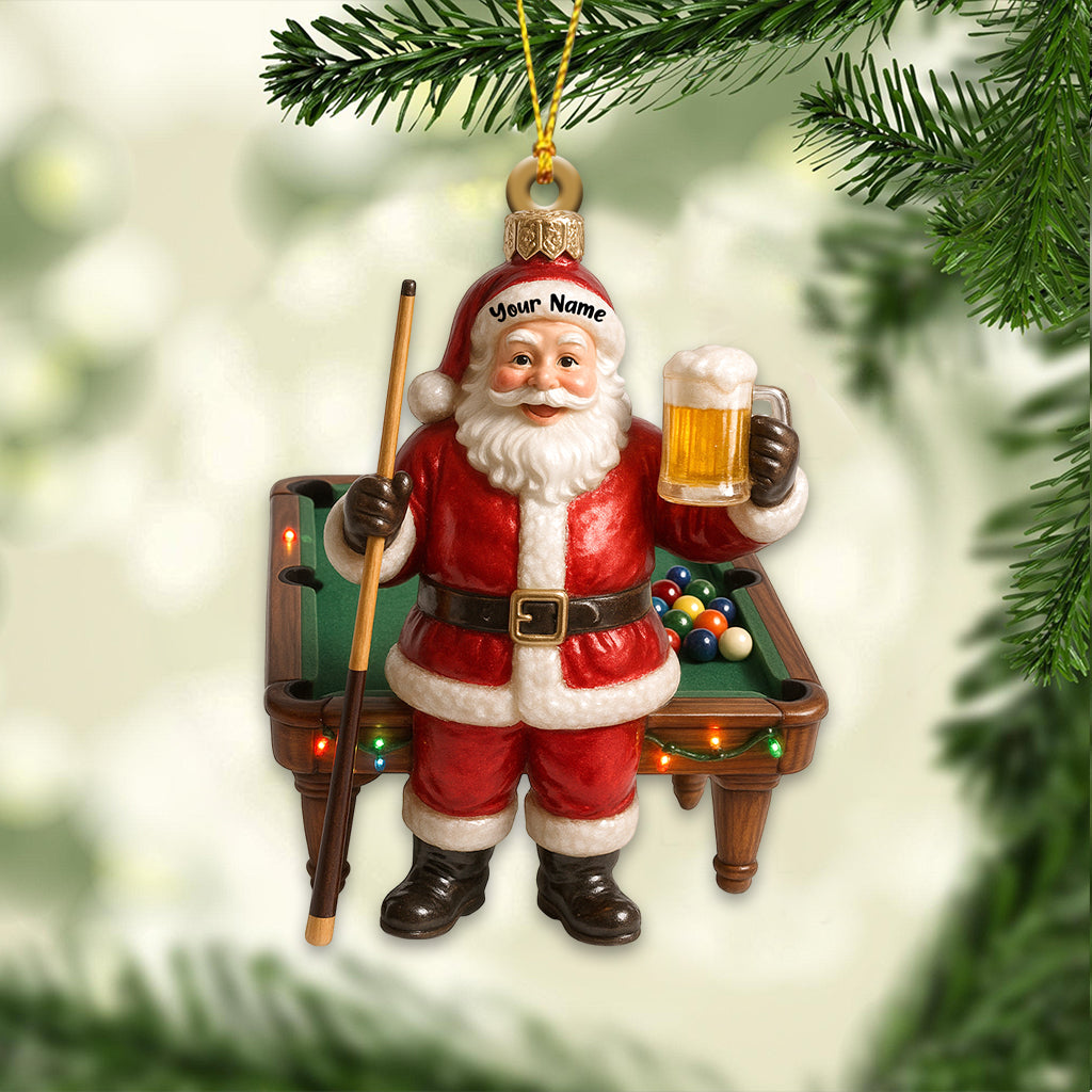 Personalized Santa Billiards Beer Ornament – Custom Name Christmas Ornament, Funny Pool and Beer Xmas Gift for Men, Santa Playing Pool Tree Decoration
