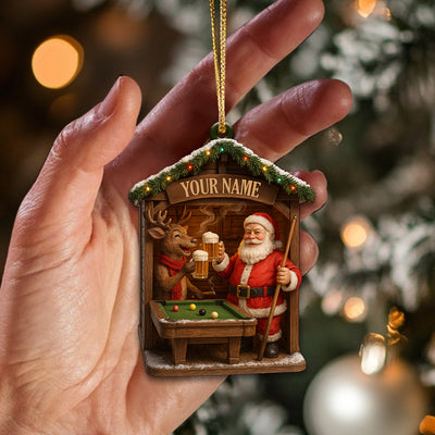 Custom Name Santa Playing Pool Ornament – Personalized Billiards Christmas Ornament, Funny Santa and Reindeer Beer Gift, Bar Game Xmas Decor for Men
