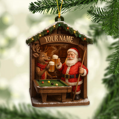 Custom Name Santa Playing Pool Ornament – Personalized Billiards Christmas Ornament, Funny Santa and Reindeer Beer Gift, Bar Game Xmas Decor for Men