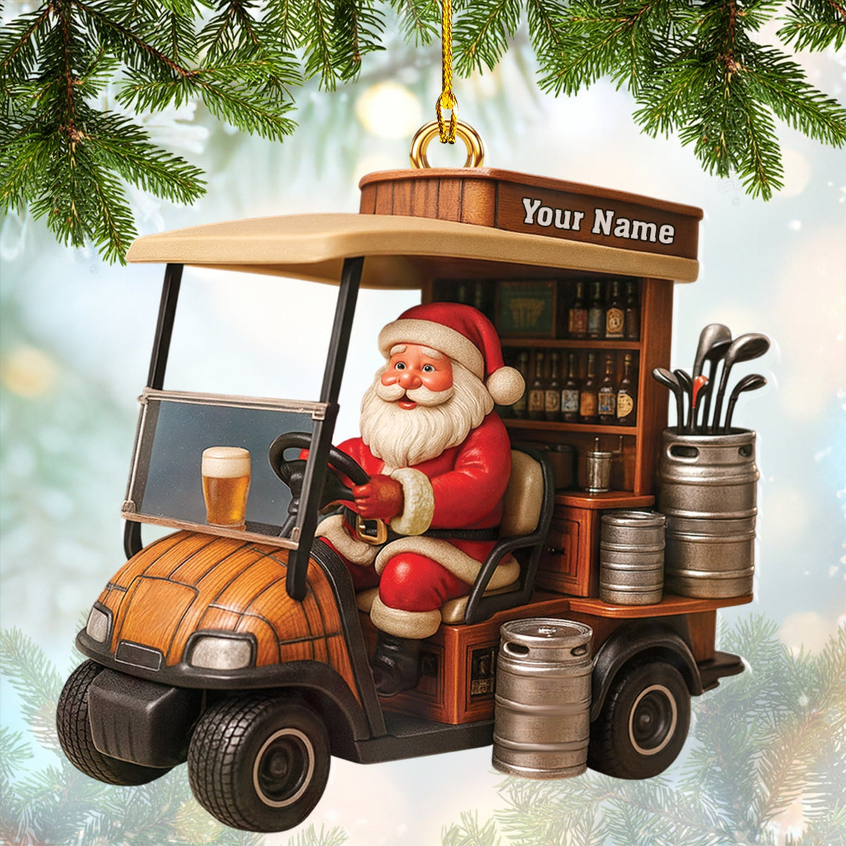 Personalized Santa Golf Cart Ornament, Funny Beer And Golf Ornament, Custom Golf Christmas Ornaments For Golfer