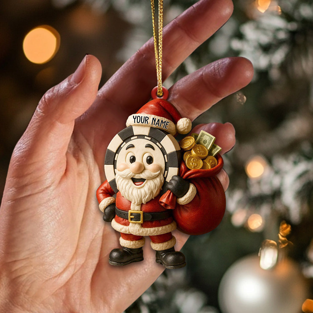 Personalized Poker Santa Ornament – Custom Name Christmas Ornament, Funny Santa Casino Gift for Men, Poker Chip and Money Bag Xmas Tree Decoration