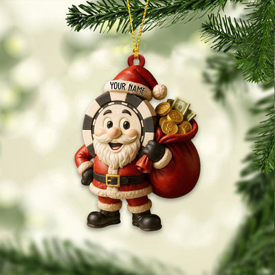 Personalized Poker Santa Ornament – Custom Name Christmas Ornament, Funny Santa Casino Gift for Men, Poker Chip and Money Bag Xmas Tree Decoration