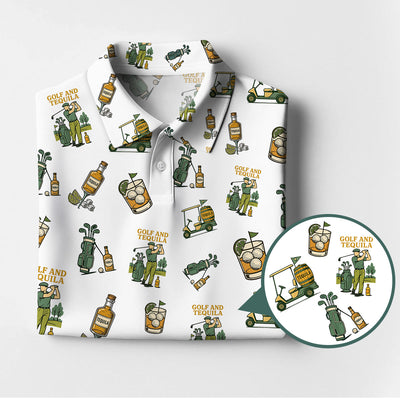 Golf and Tequila Pattern Golf Polos, Funny Whiskey Golf Shirt For Golfers, Golf Shirts For Men