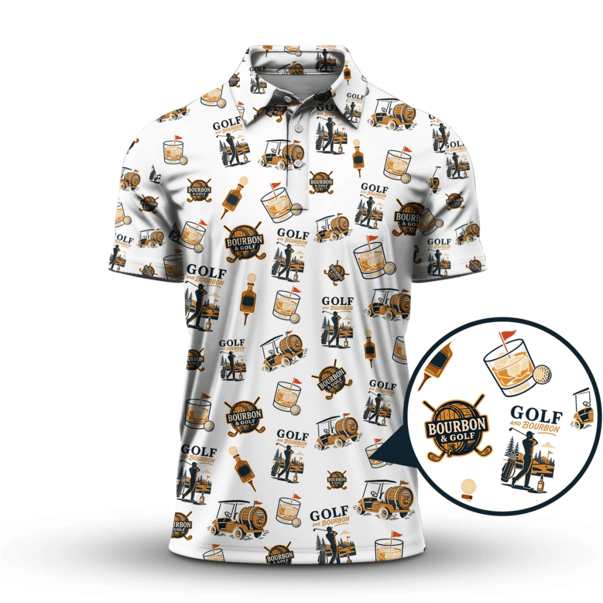 Golf and Bourbon Pattern Polos, Funny Bourbon Shirt For Men, Crazy Golf Shirts For Golfers