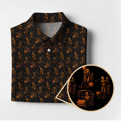 Halloween Skeleton Golf Shirt, Funny Pattern Golf Polos For Men, Spooky Golf Cart & Pumpkin Shirts