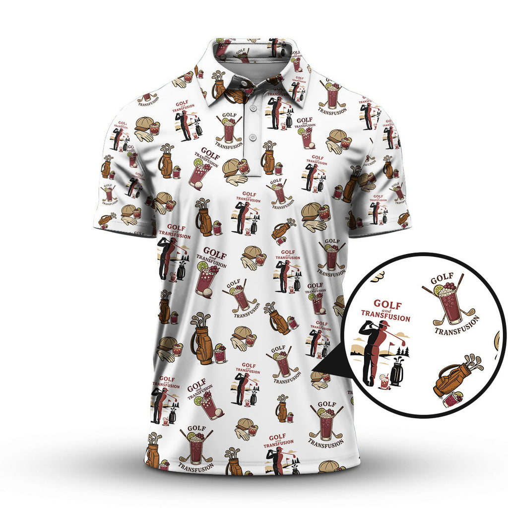Transfusion Golf Shirt, Golf Transfusion Drink Pattern Polos, Men's Golf Shirts