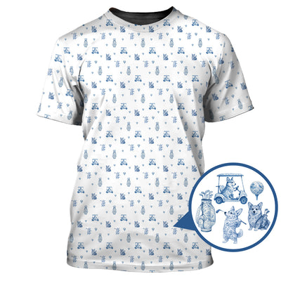 Toile De Jouy Shirt, Pattern Golf Shirt, Dog Golf Shirt, Corgi Golf Shirt, Crazy Golf Shirt For Men