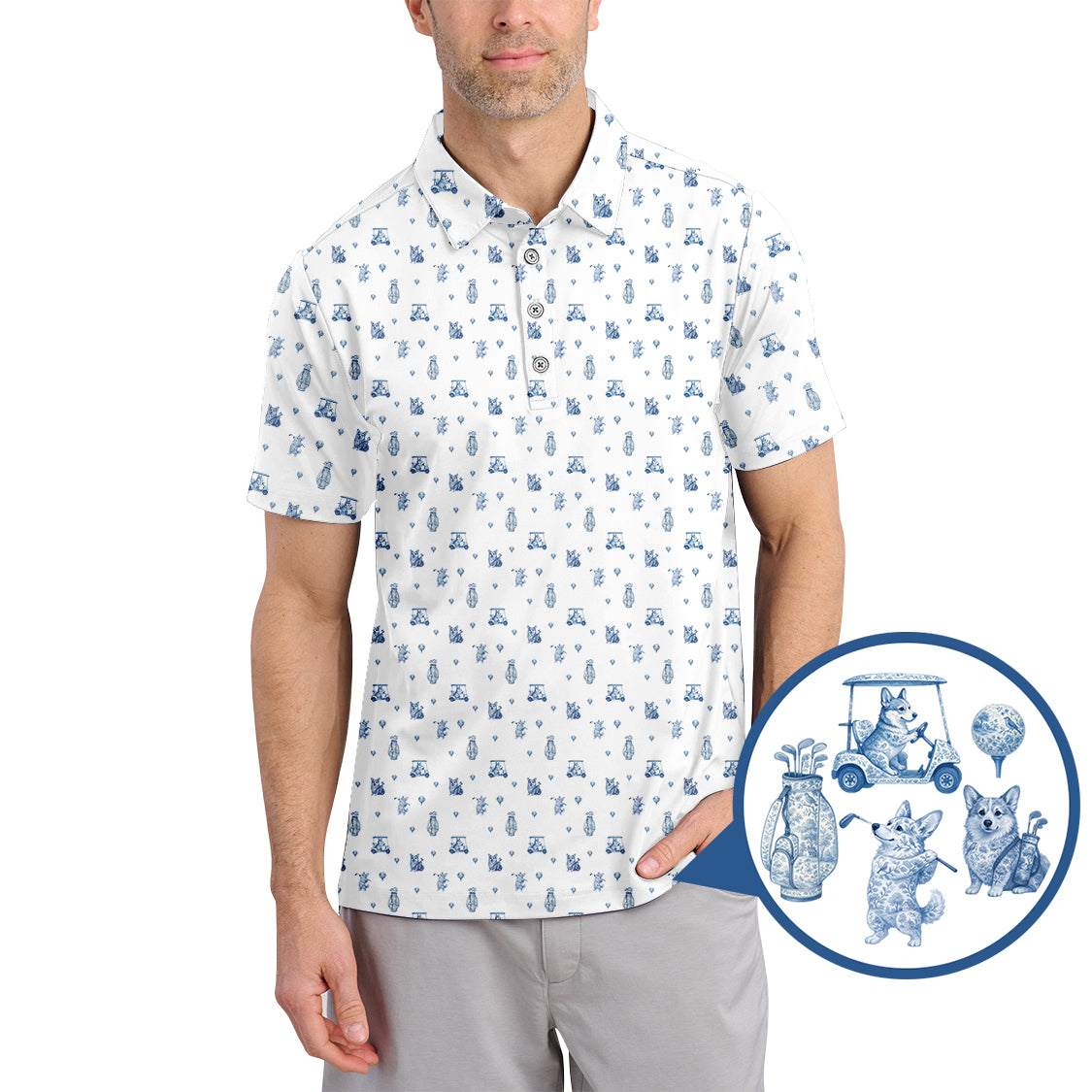 Toile De Jouy Shirt, Pattern Golf Shirt, Dog Golf Shirt, Corgi Golf Shirt, Crazy Golf Shirt For Men