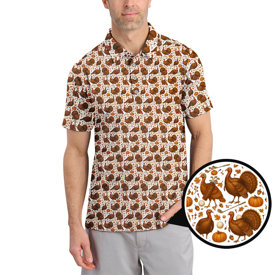Funny Turkey Golf Shirt For Men, Thanksgiving Golf Shirt, Pattern Golf Shirt For Golfer