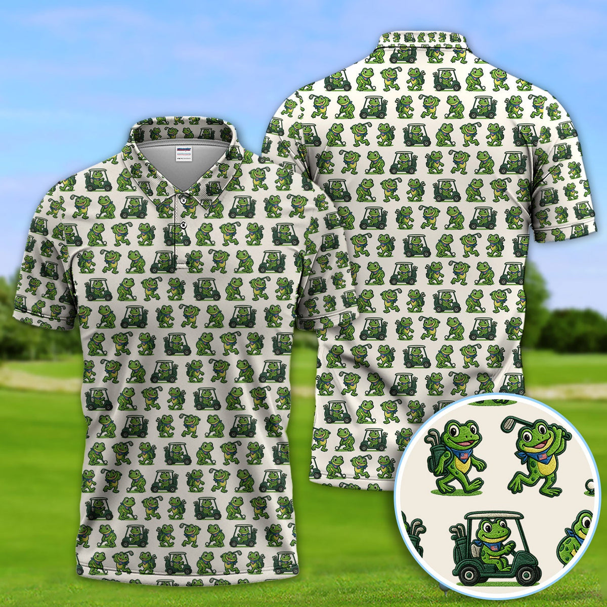 Funny Frog Golf Polos, Cute Frog Golf Pattern Shirt For Men, Golf Gift For Golfer