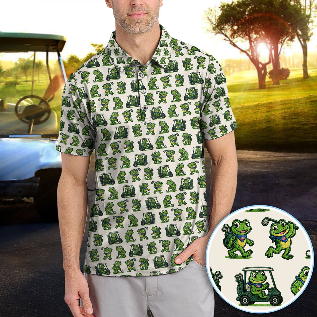 Funny Frog Golf Polos, Cute Frog Golf Pattern Shirt For Men, Golf Gift For Golfer