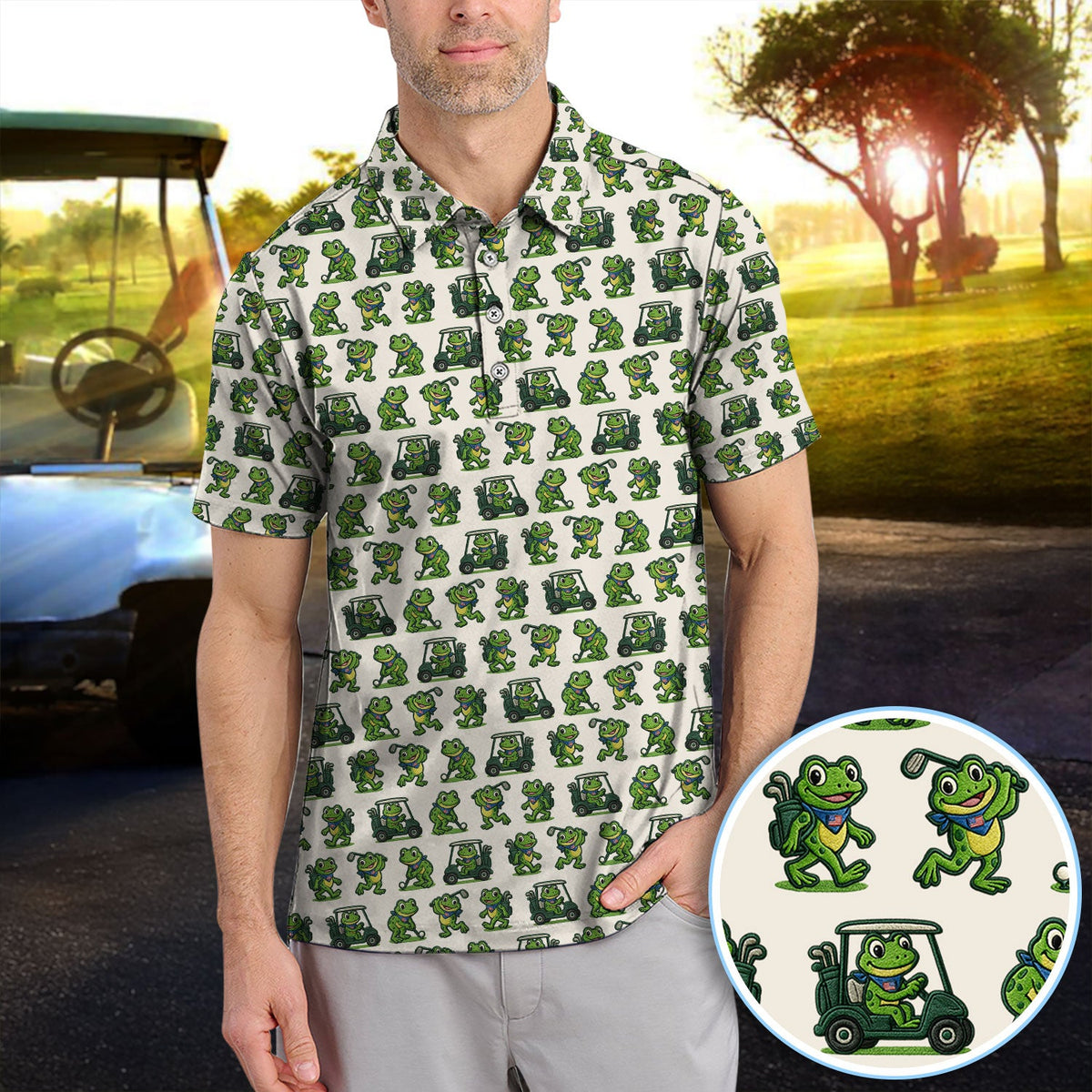 Funny Frog Golf Polos, Cute Frog Golf Pattern Shirt For Men, Golf Gift For Golfer