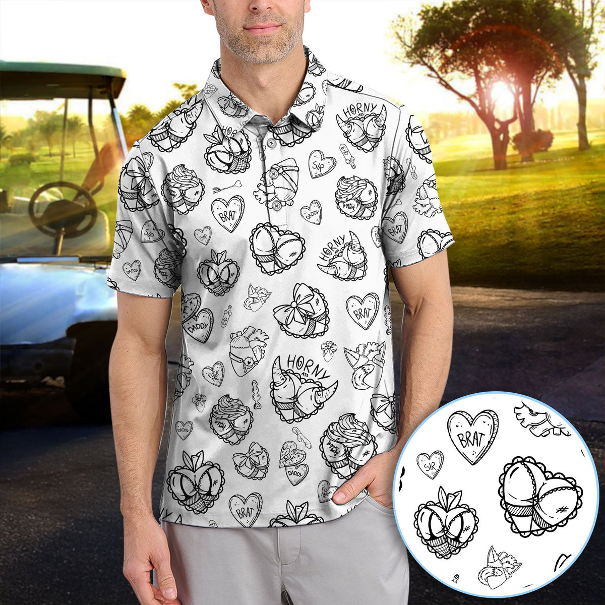 Horny Brat Sketch Pattern Polos, Funny Golf Shirt For Men, Golf Gift For Golfer