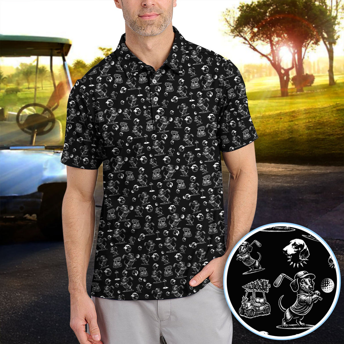 Dachshund Pattern Golf Shirt for Men, Funny Golf Polos, Golf Gift For Men