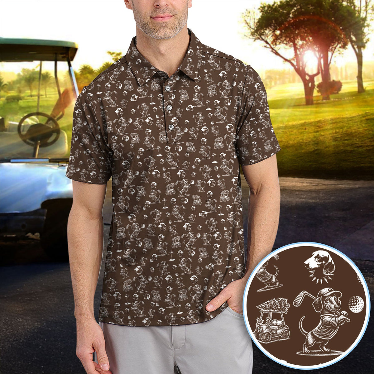 Dachshund Pattern Golf Shirt for Men, Funny Golf Polos, Golf Gift For Men