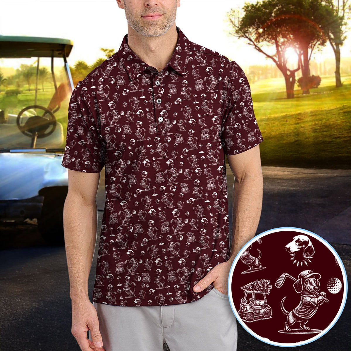 Dachshund Pattern Golf Shirt for Men, Funny Golf Polos, Golf Gift For Men