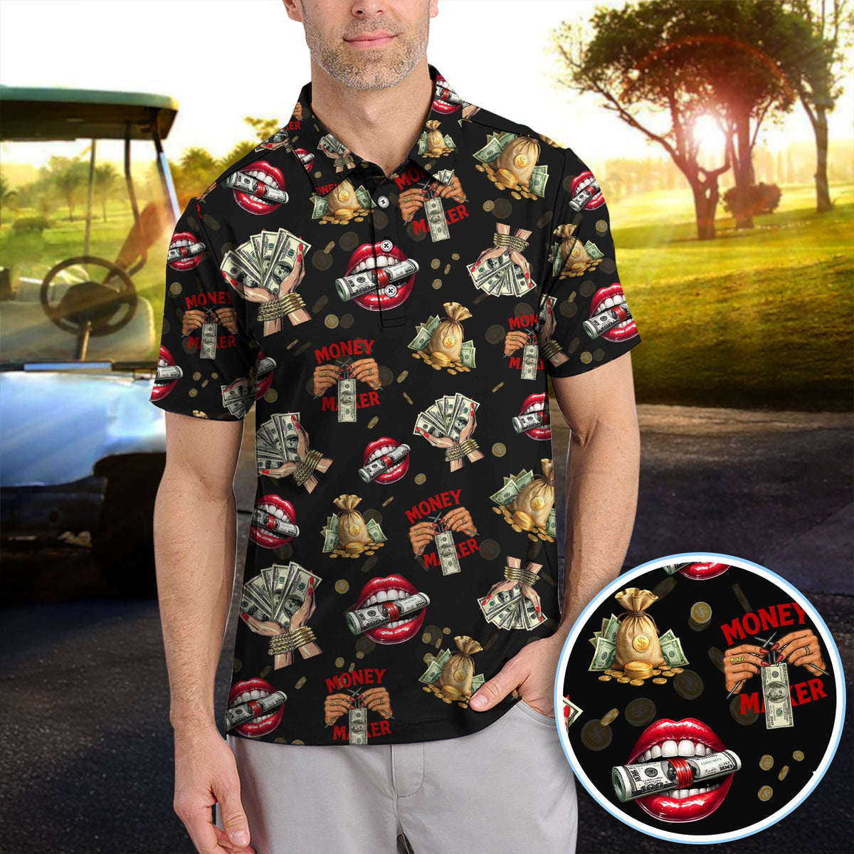 Money Maker Pattern Golf Polos, Funny Golf Shirt For Men, Golf Gift For Golfer