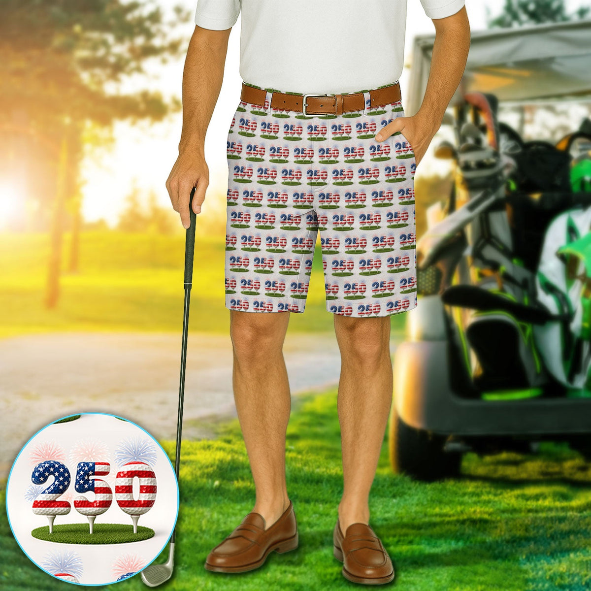 Men’s Golf Short, 250th Anniversary USA Golf Shorts, 250 USA Birthday Pattern Golf ShortFor Golfer