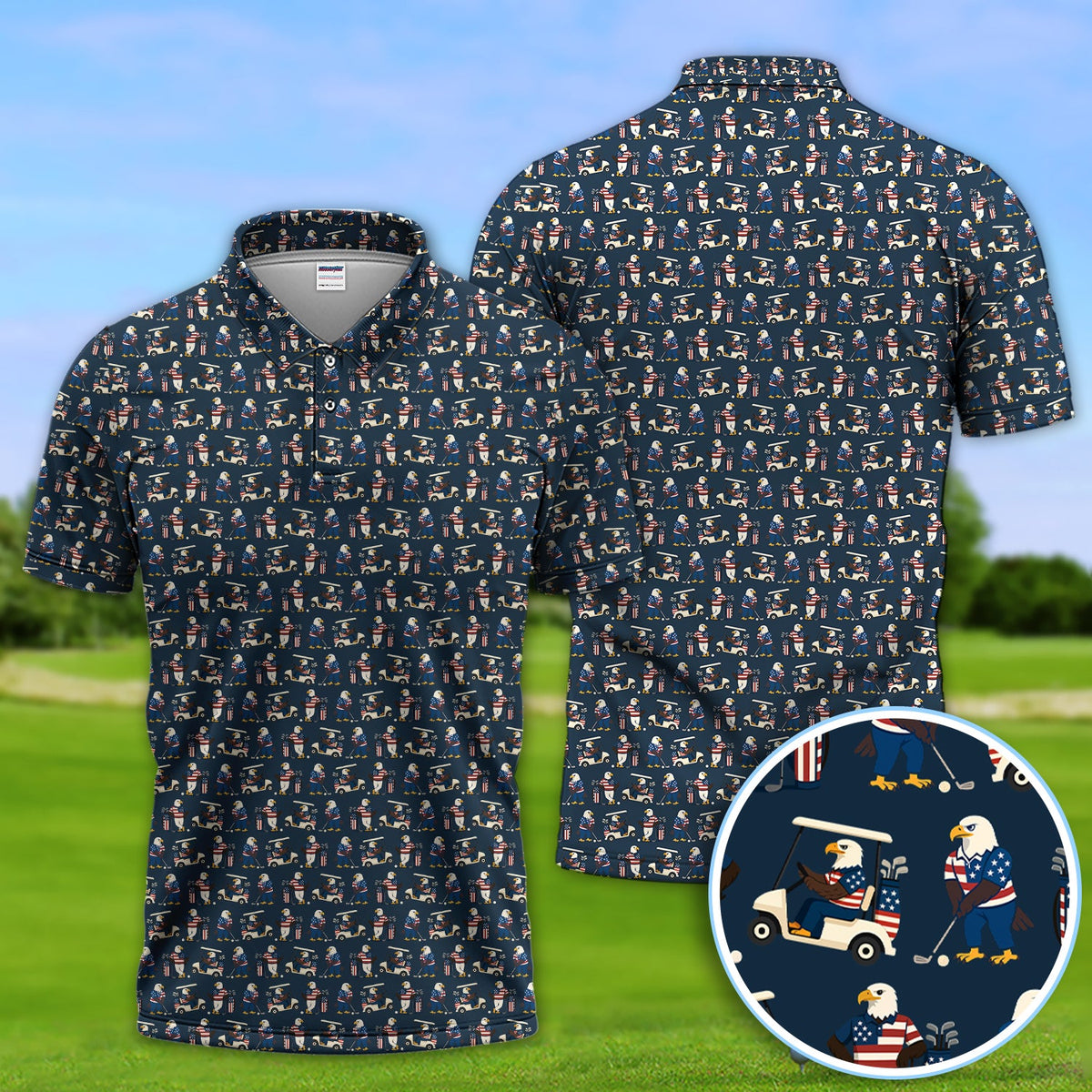 Patriotic Eagle Golf Polos, American Flag Bald Eagle Golf Pattern Polos For Men, Funny Golf Shirt For Golfer