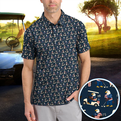 Patriotic Eagle Golf Polos, American Flag Bald Eagle Golf Pattern Polos For Men, Funny Golf Shirt For Golfer