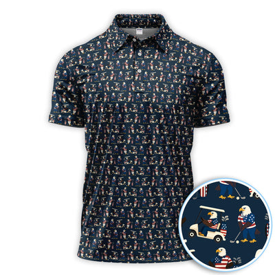 Patriotic Eagle Golf Polos, American Flag Bald Eagle Golf Pattern Polos For Men, Funny Golf Shirt For Golfer