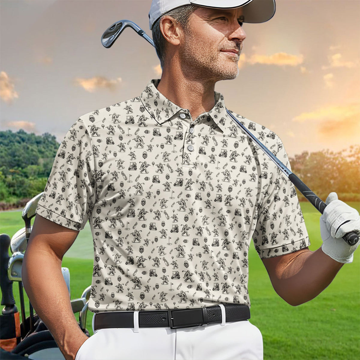 Squatch Bigfoot Pattern Golf Shirt, Funny Bigfoot Golf Polos, Golf Gift For Men