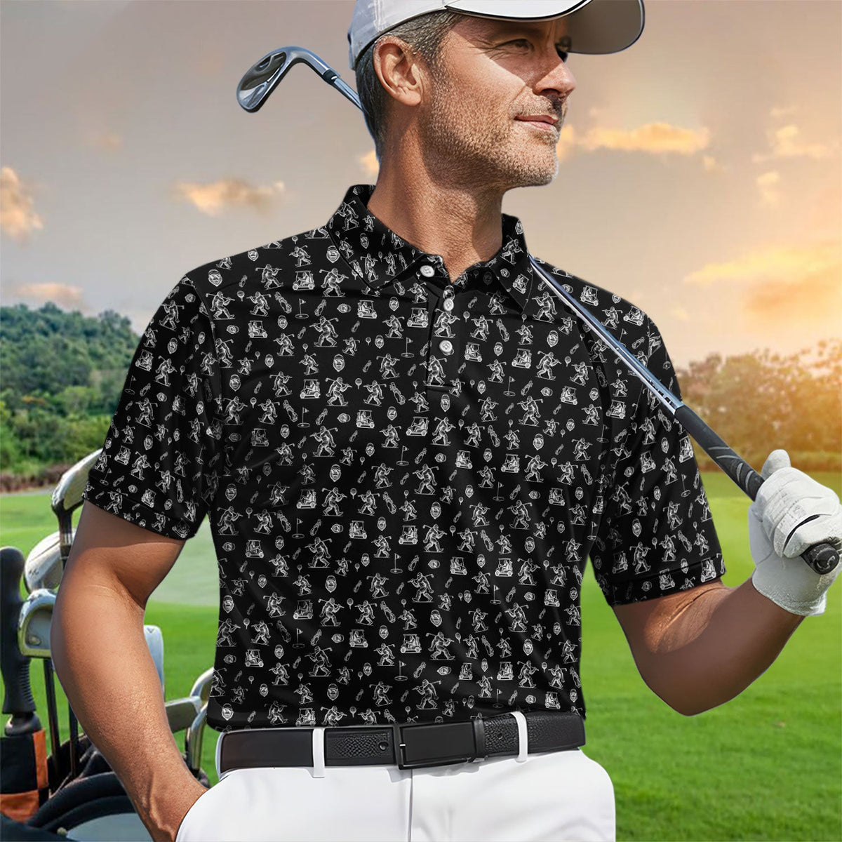 Squatch Bigfoot Pattern Golf Shirt, Funny Bigfoot Golf Polos, Golf Gift For Men