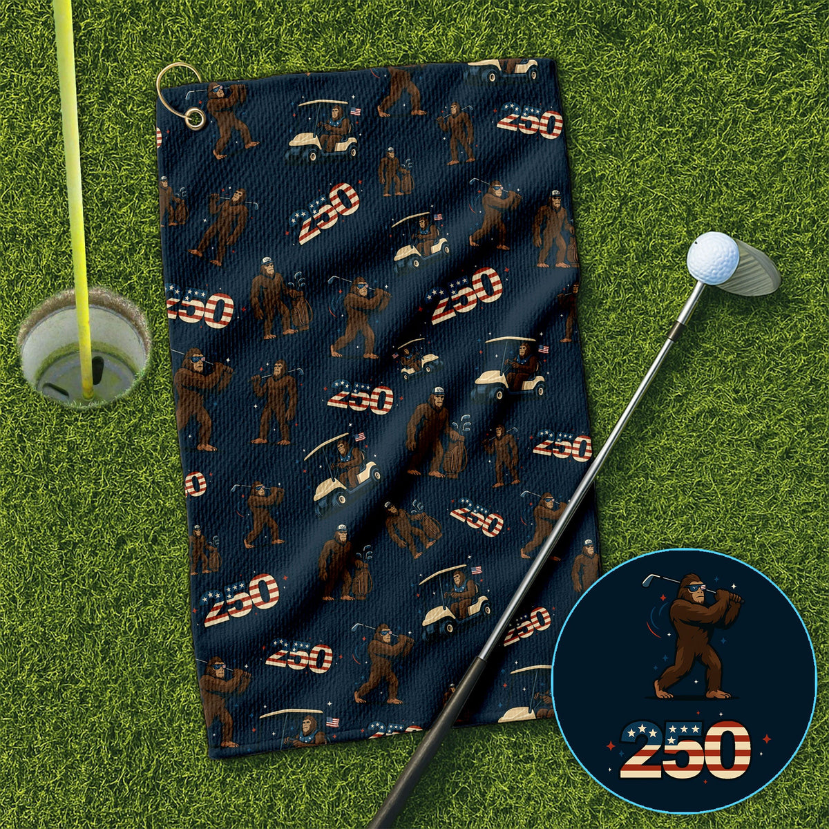 Crazy Bigfoot Golf Towel For Golfer, Patriotic 250th Anniversary Pattern Golf Towles, Funny Golf Gift For Men