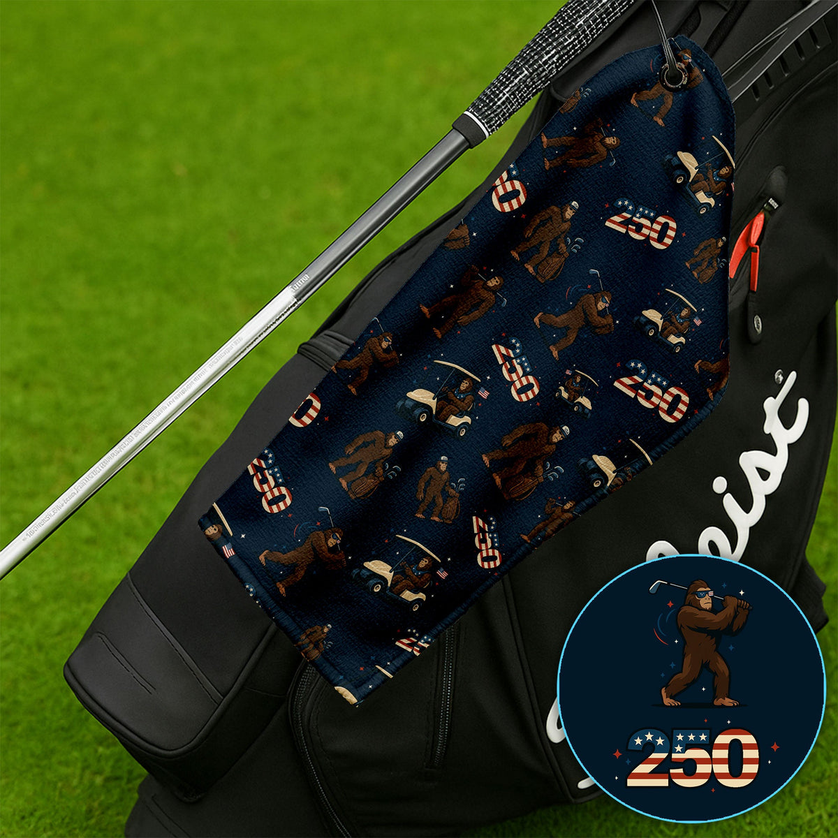 Crazy Bigfoot Golf Towel For Golfer, Patriotic 250th Anniversary Pattern Golf Towles, Funny Golf Gift For Men