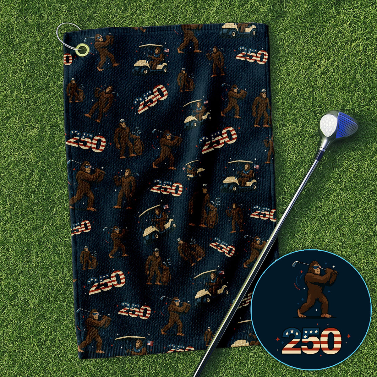 Crazy Bigfoot Golf Towel For Golfer, Patriotic 250th Anniversary Pattern Golf Towles, Funny Golf Gift For Men