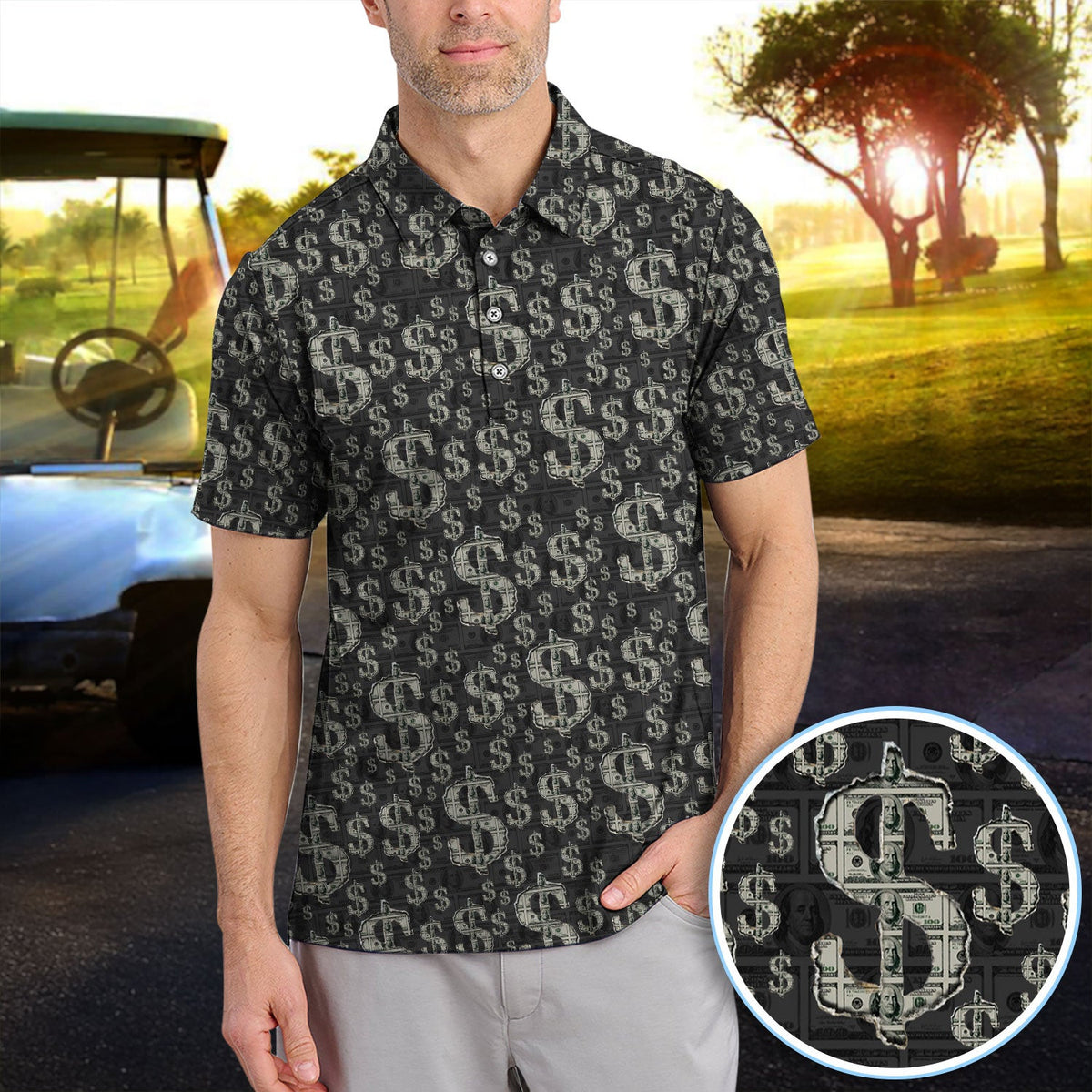 Crazy Dollar Money Golf Polos, Luxury Cash Pattern Golf Shirt, Funny Golf Shirt For Men