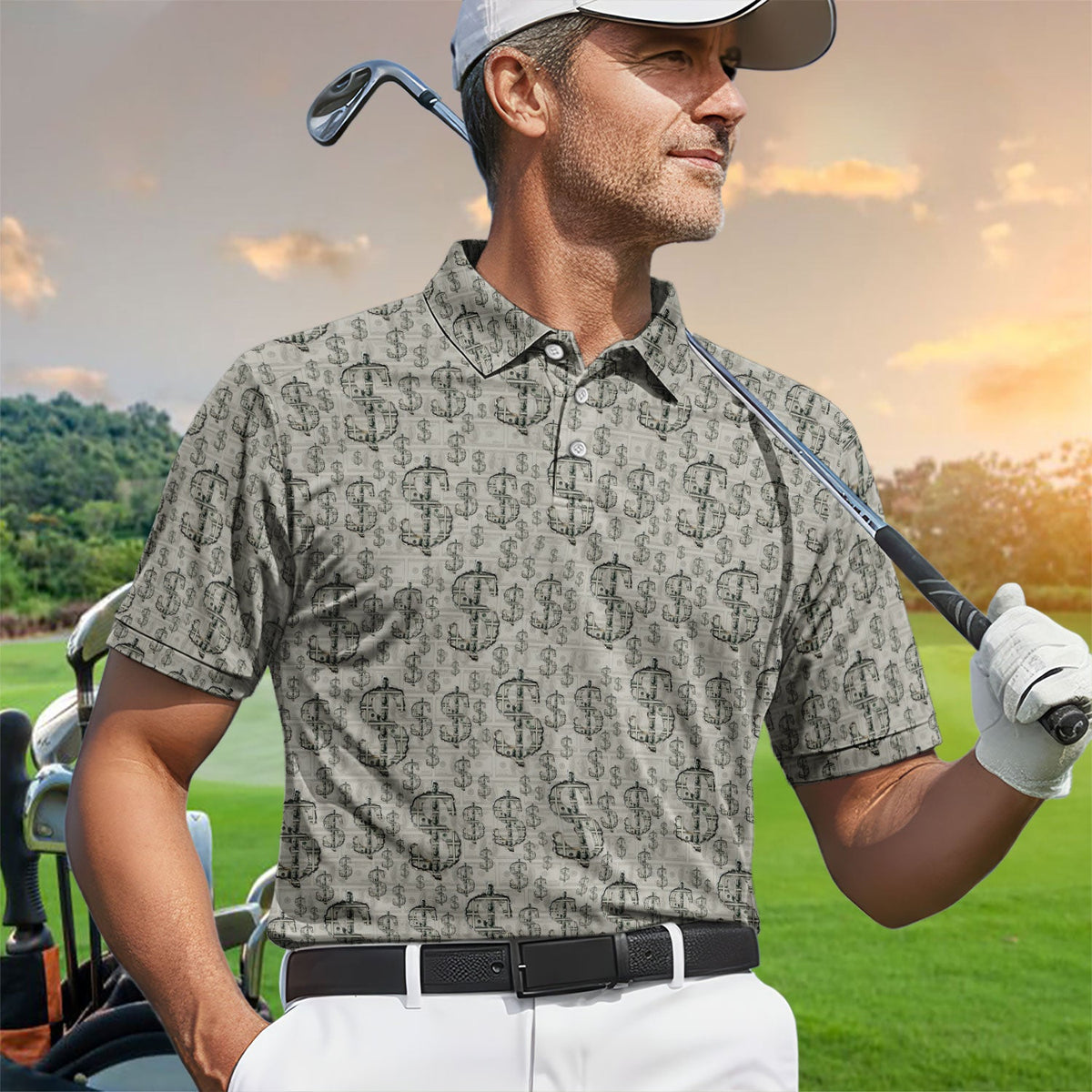 Crazy Dollar Money Golf Polos, Luxury Cash Pattern Golf Shirt, Funny Golf Shirt For Men