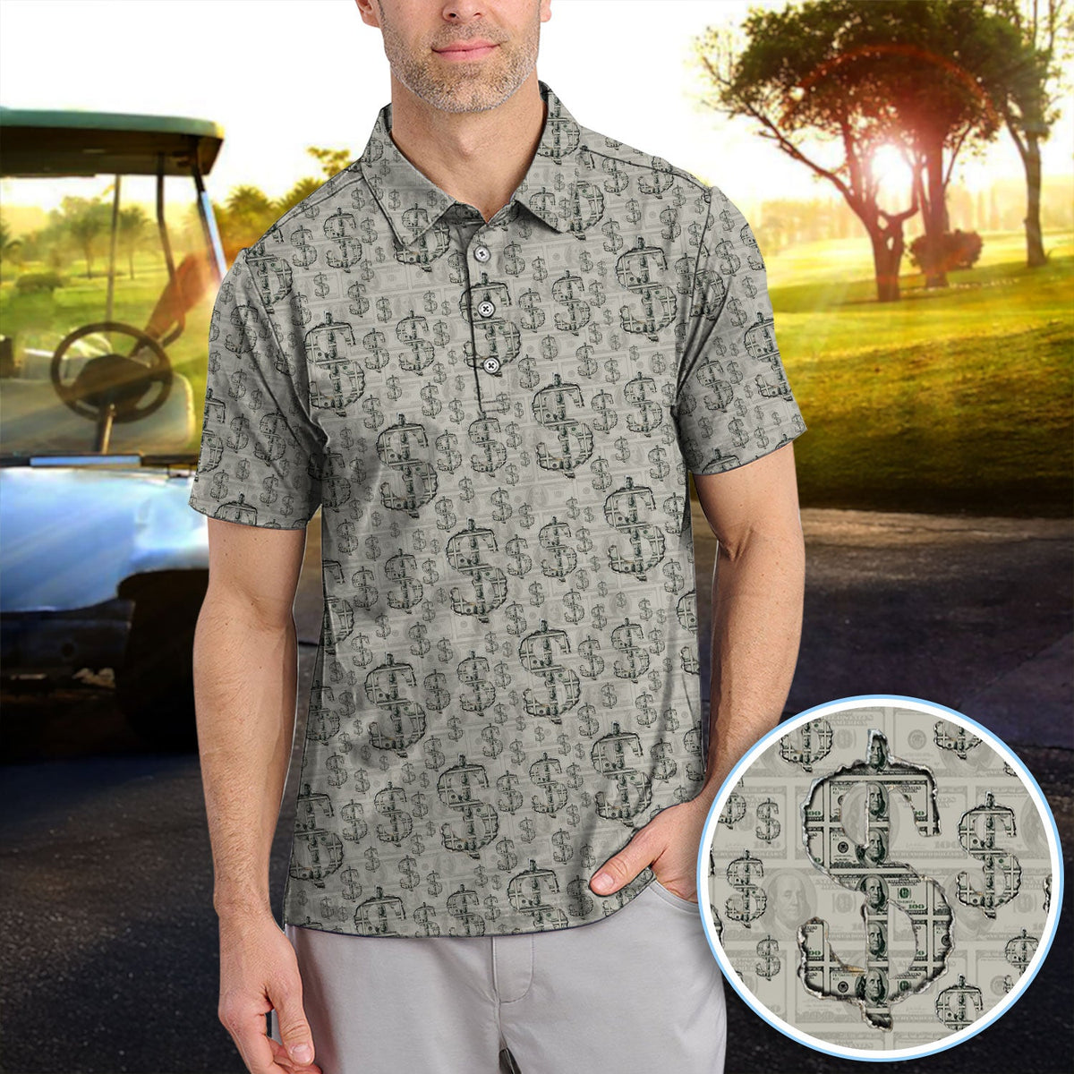 Crazy Dollar Money Golf Polos, Luxury Cash Pattern Golf Shirt, Funny Golf Shirt For Men