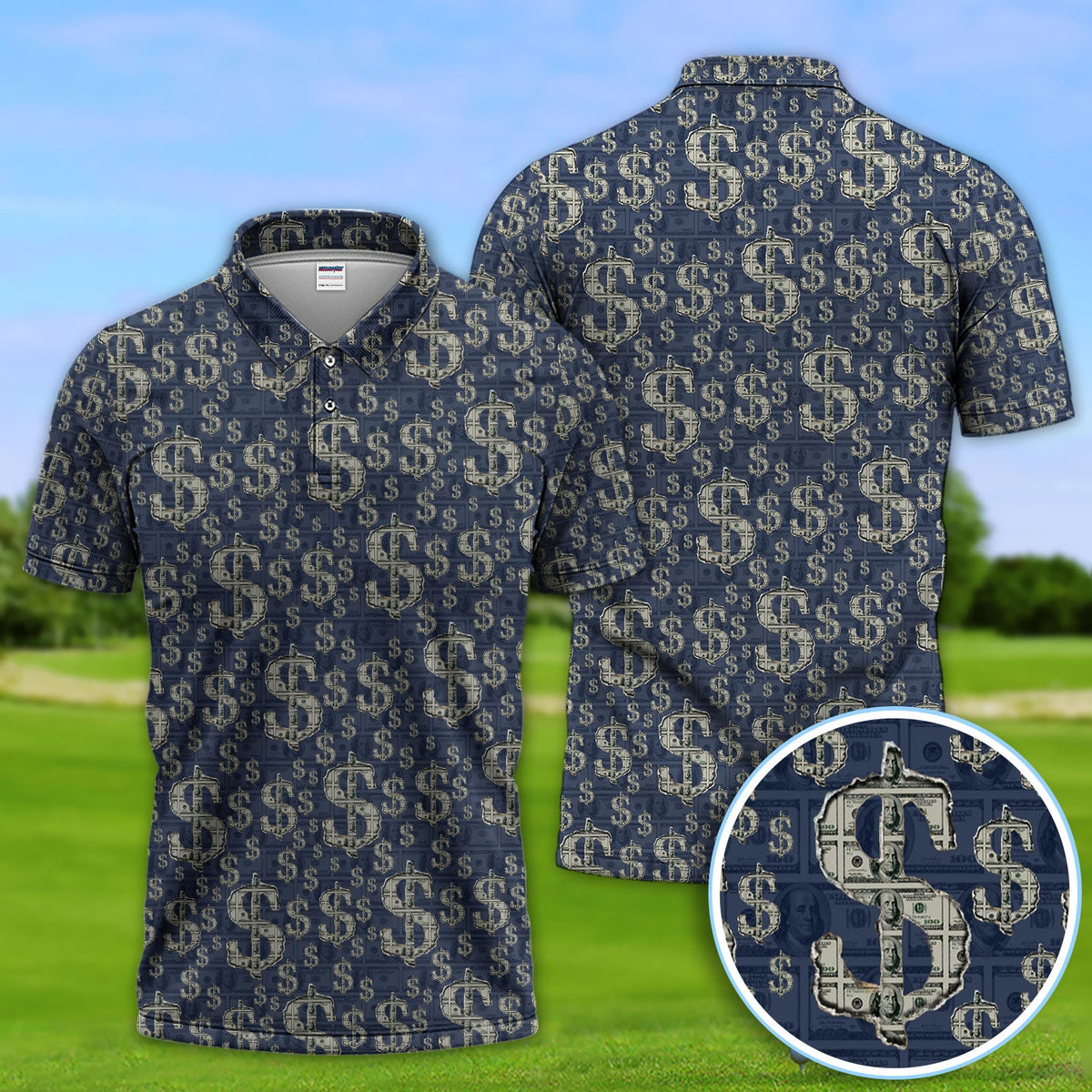 Crazy Dollar Money Golf Polos, Luxury Cash Pattern Golf Shirt, Funny Golf Shirt For Men