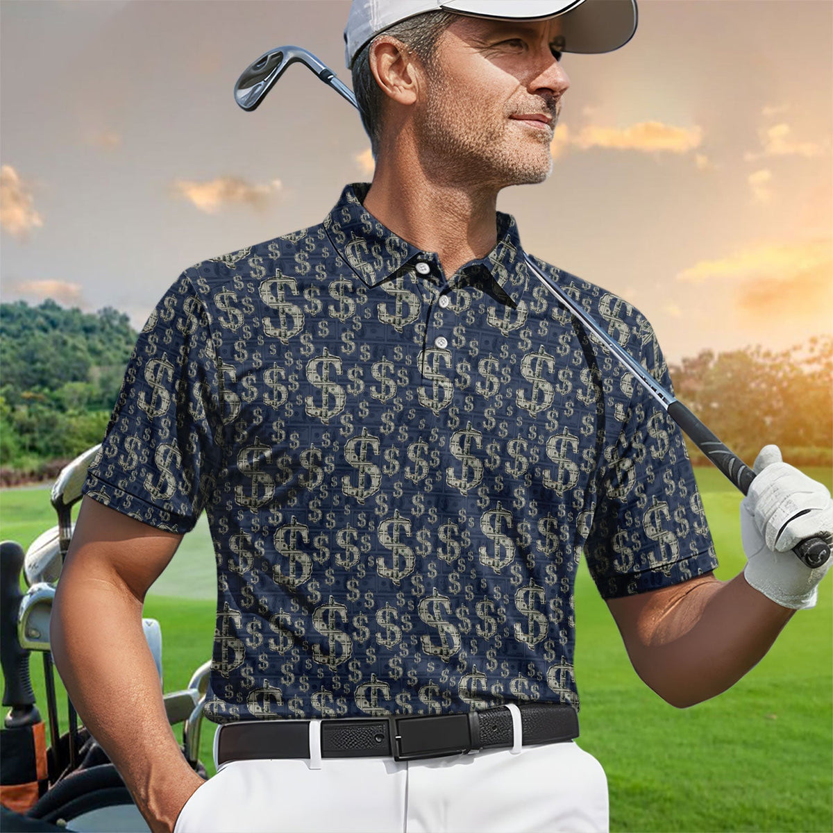 Crazy Dollar Money Golf Polos, Luxury Cash Pattern Golf Shirt, Funny Golf Shirt For Men