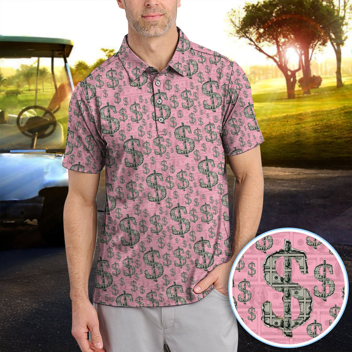 Crazy Dollar Money Golf Polos, Luxury Cash Pattern Golf Shirt, Funny Golf Shirt For Men