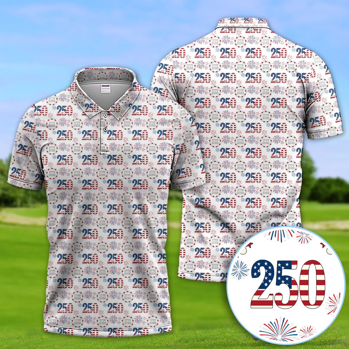 250 USA Birthday Pattern Golf Shirt, USA 250 Golf Polos For Men, Crazy Golf Shirt For Golfer