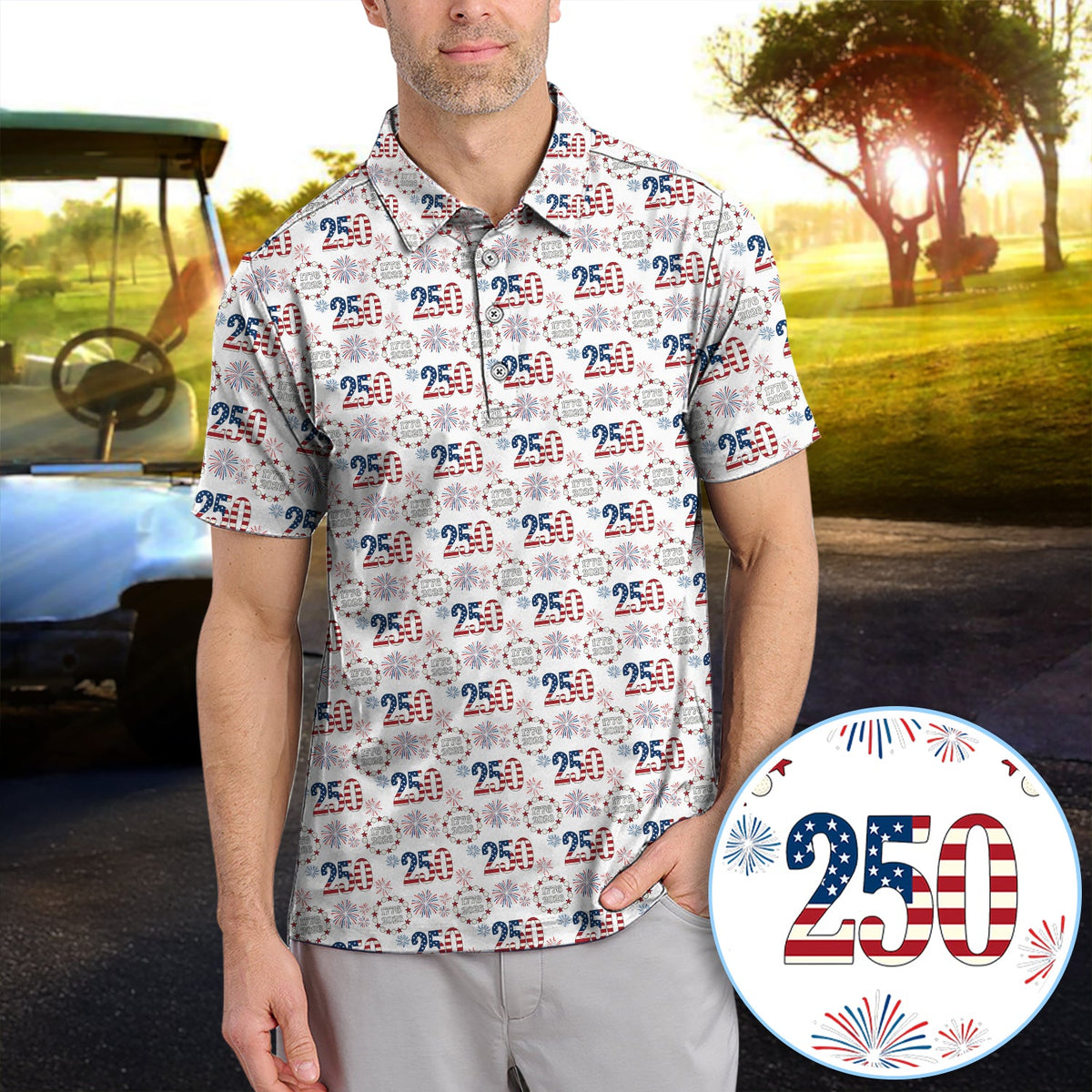 250 USA Birthday Pattern Golf Shirt, USA 250 Golf Polos For Men, Crazy Golf Shirt For Golfer