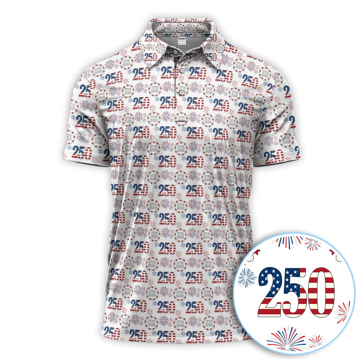 250 USA Birthday Pattern Golf Shirt, USA 250 Golf Polos For Men, Crazy Golf Shirt For Golfer