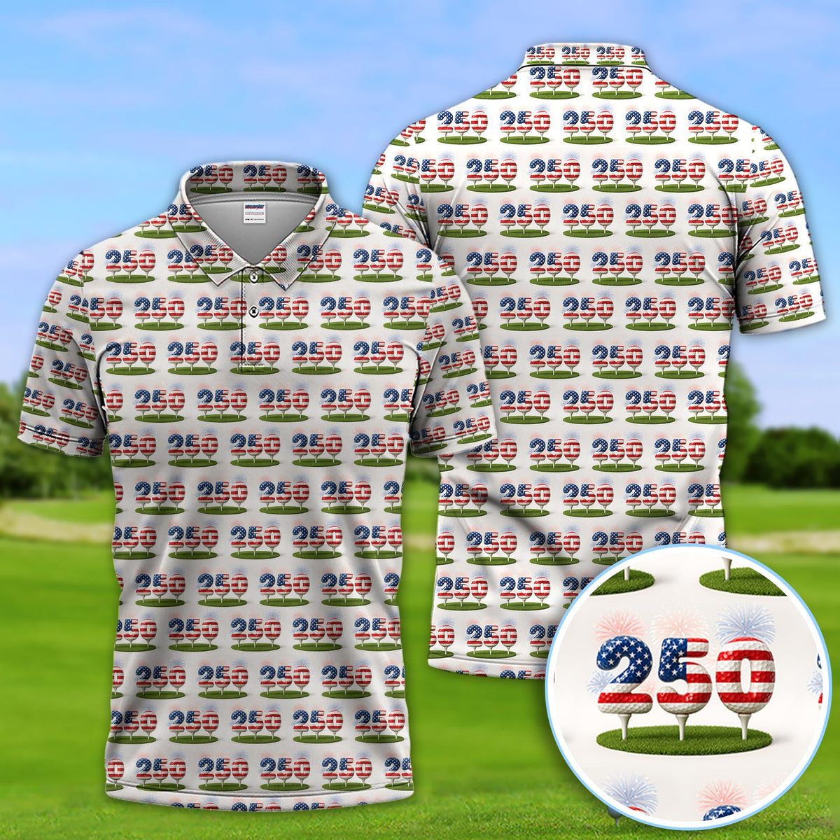 Men’s Golf Polos, 250th Anniversary USA Golf Shirt, 250 USA Birthday Pattern Golf Shirt For Golfer