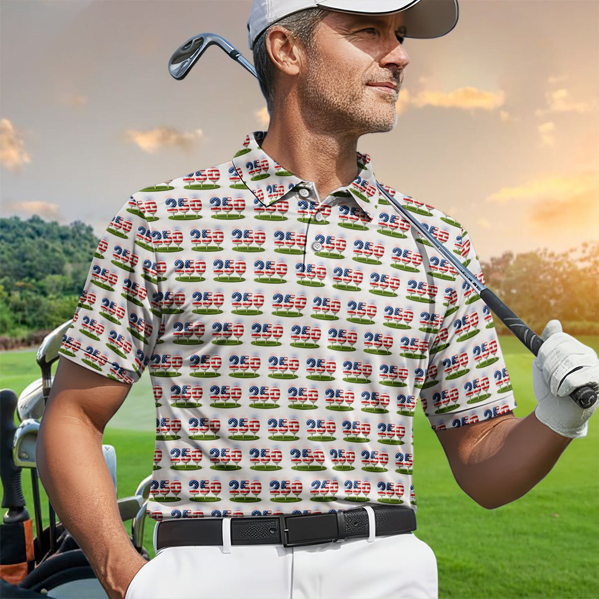 Men’s Golf Polos, 250th Anniversary USA Golf Shirt, 250 USA Birthday Pattern Golf Shirt For Golfer