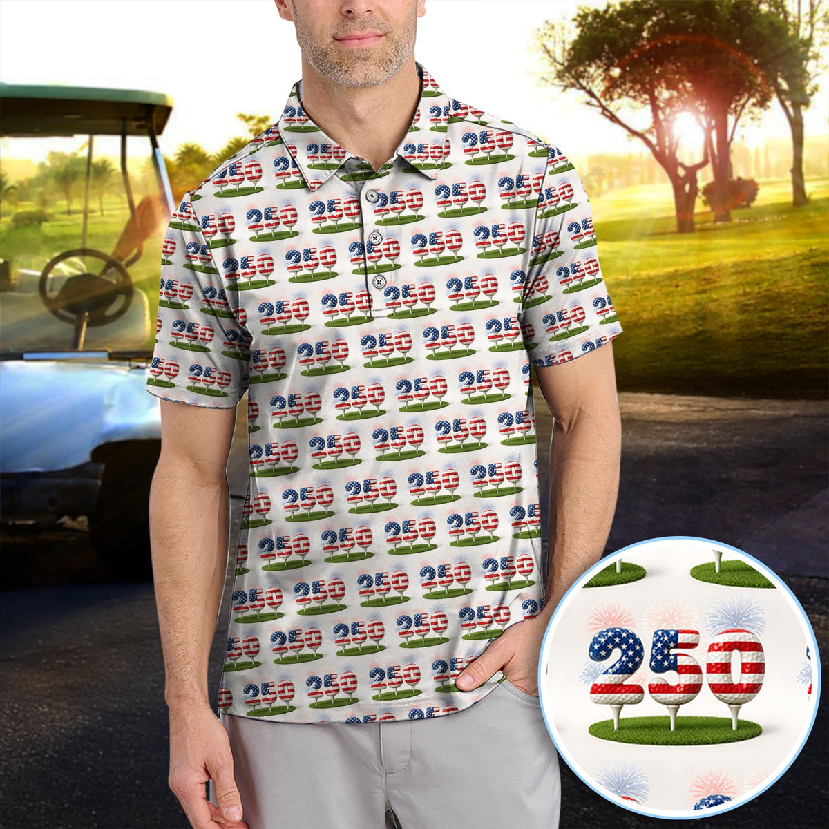 Men’s Golf Polos, 250th Anniversary USA Golf Shirt, 250 USA Birthday Pattern Golf Shirt For Golfer