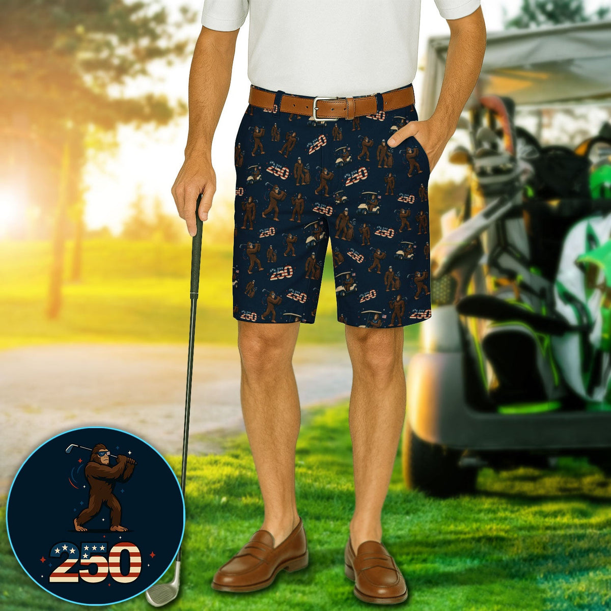 Crazy Bigfoot Golf Short For Golfer, Patriotic 250th Anniversary Pattern Golf Shorts , Funny Golf Gift For Men